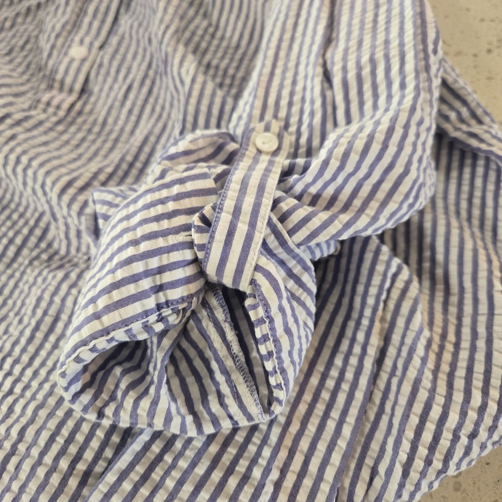 NYDJ Blouse Womens XL Blue White Striped Seersucker Henley Roll Tab Shirt Top - Picture 10 of 11